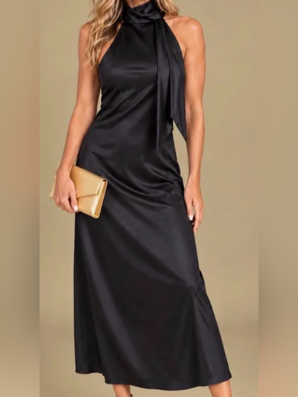 Banana Republic Black Satin Halter Midi Dress with Scarf Tie Neck - Size M